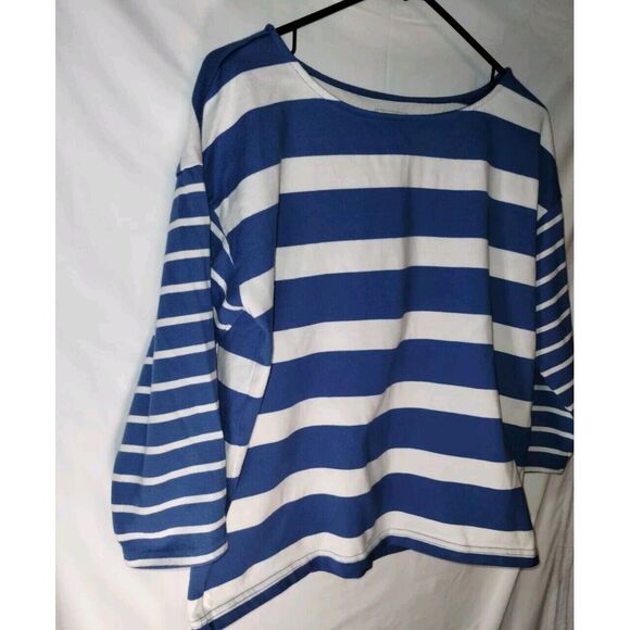 L.L. Bean Blue & White Striped Boat Neck Top With 3/4 Length Sleeves Women's PSM - Picture 3 of 7